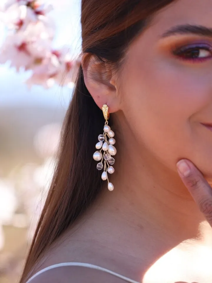 Boho Wedding Earrings, Pearl Statement Wedding Earrings, Swarovski Crystal Bridal Earrings, Statement Wedding Jewelry Set, Gold Jewellery