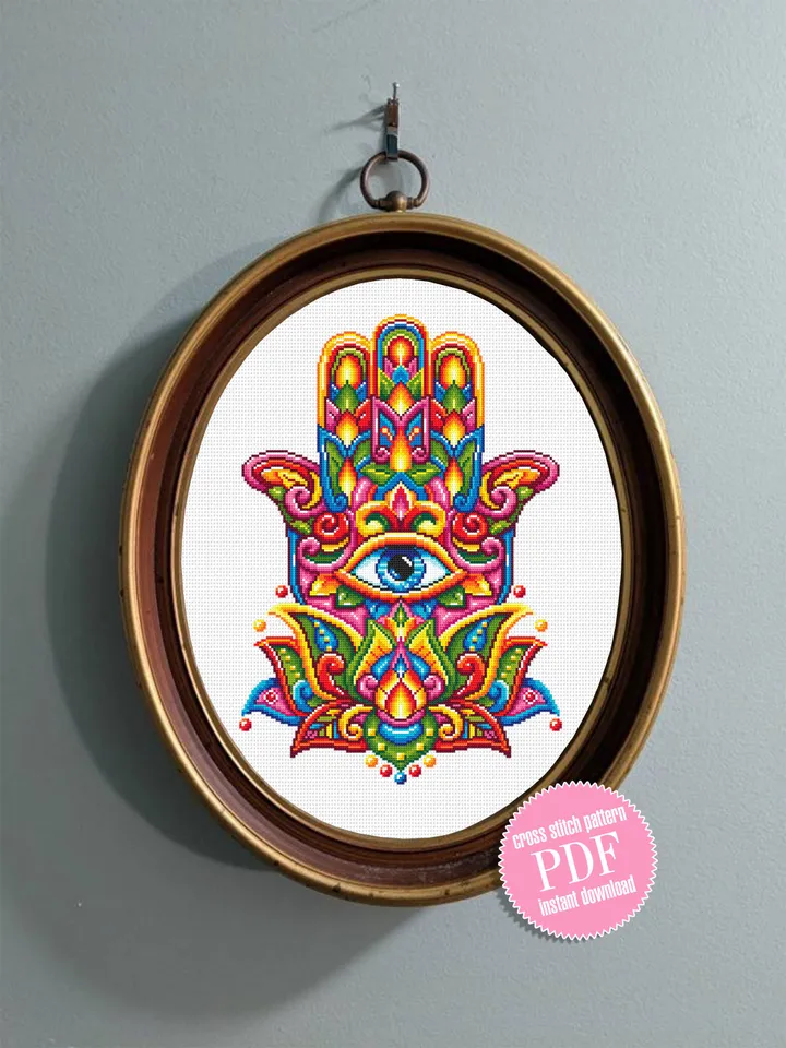 Hamsa hand cross stitch pattern PDF download Lotus flower mandala pattern PDF, Colorful Hand of Fatima cross stitch, Evil eye hamsa #M222