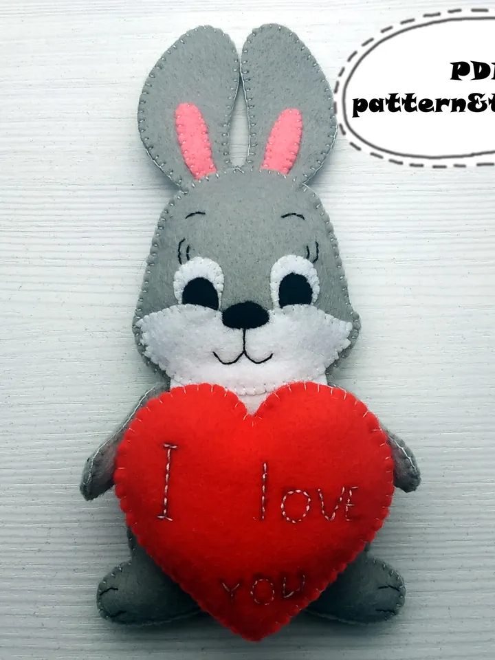 Bunny pattern, Felt pattern, Valentine pattern, Felt bunny pattern, Plush bunny toy sewing pattern, Valentines ornament, Valentines day gift