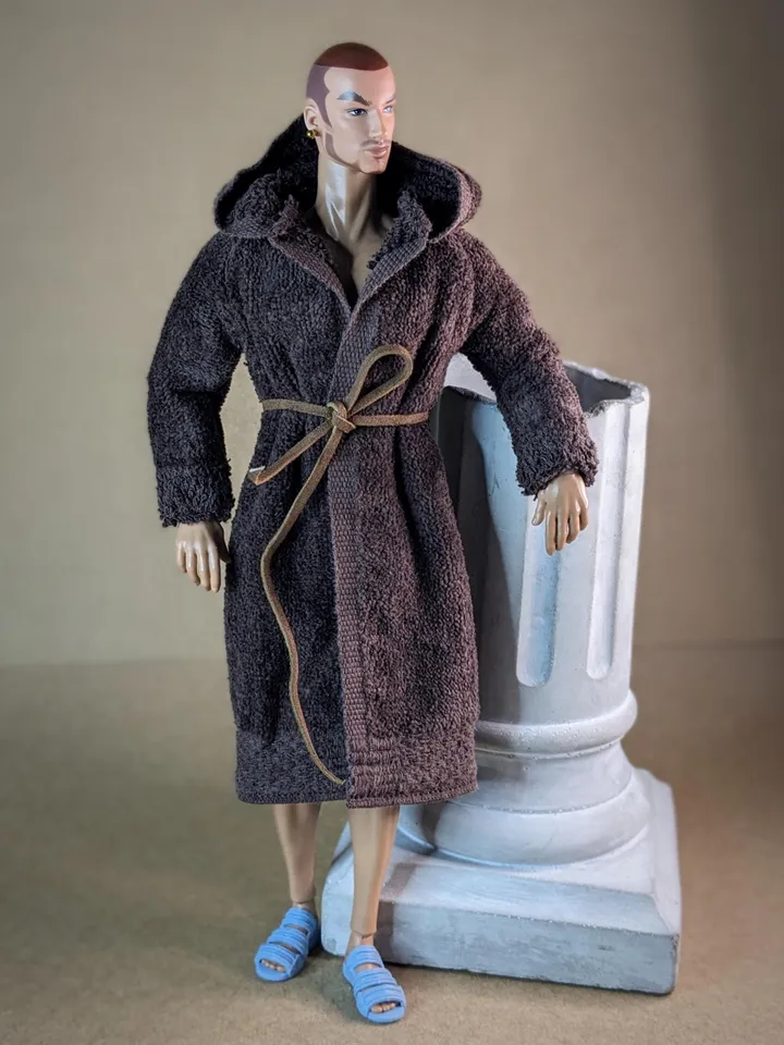 Brown terry bathrobe with a hood for 13 inch fashion male doll (FR Homme, Poppy Parker, Adonis)