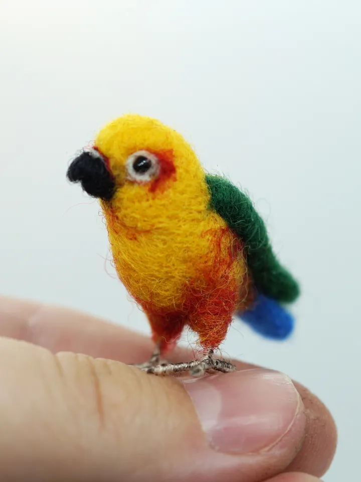 Miniature needle felted jenday conure, tiny parakeet, pet portrait
