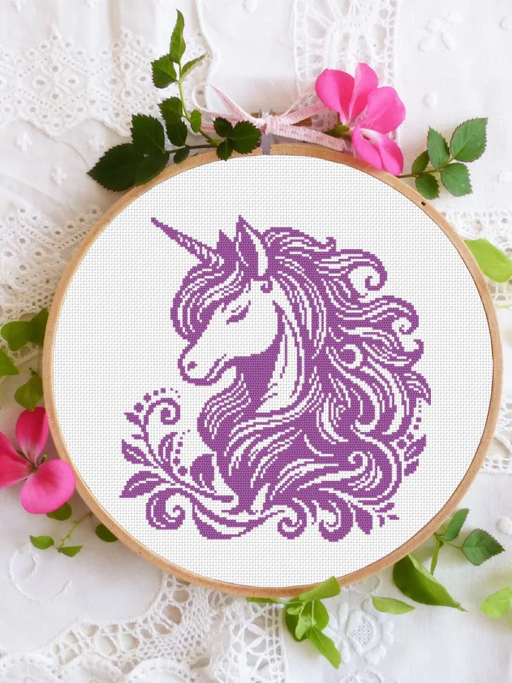 Unicorn cross stitch pattern PDF download Simple monochrome cross stitch chart, Cute unicorn pattern digital PDF, Beginner cross stitch #K49