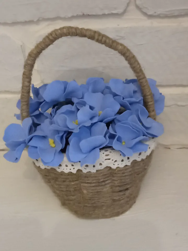 Cute floral arrangements blue violets in linen basket, all completely handmade/Made in 1 copy/ Mother Day gift/ birthday gift/ home decor indoor/gift for her