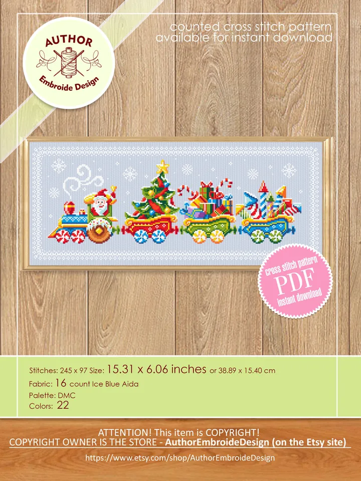 Christmas train cross stitch pattern PDF download Merry Christmas cross stitch, Winter holiday cross stitch chart, Santa train ornament #N96