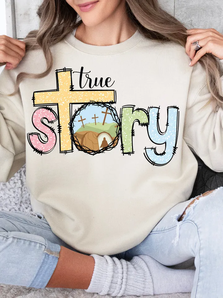 True story Easter PNG, He is Risen crown of thorn cross palm Jesus Christ christian religious Bible verses digital Sublimation drawn Tshirt