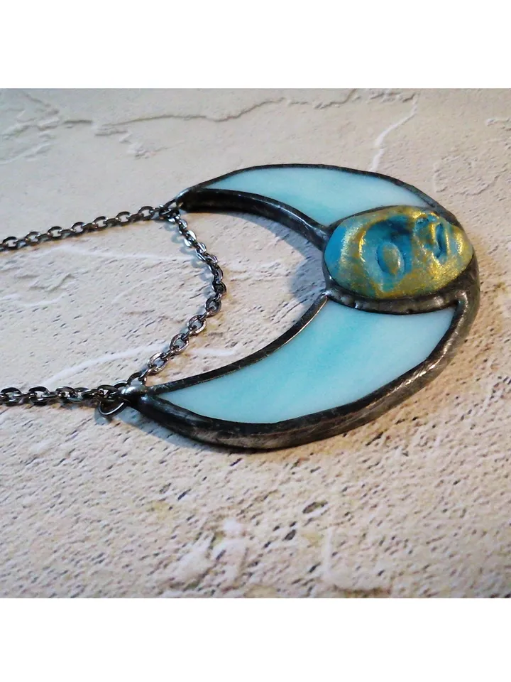 Stained glass blue moon, Moon Goddess, Moon phase necklace, Stainglass crescent, Full moon pendant, Moon face necklace
