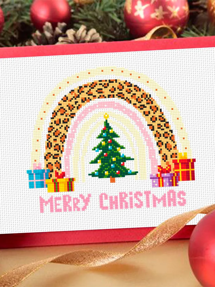 Christmas leopard rainbow cross stitch pattern PDF download, Christmas tree cross stitch, Christmas pattern digital PDF, Handmade gift #N137