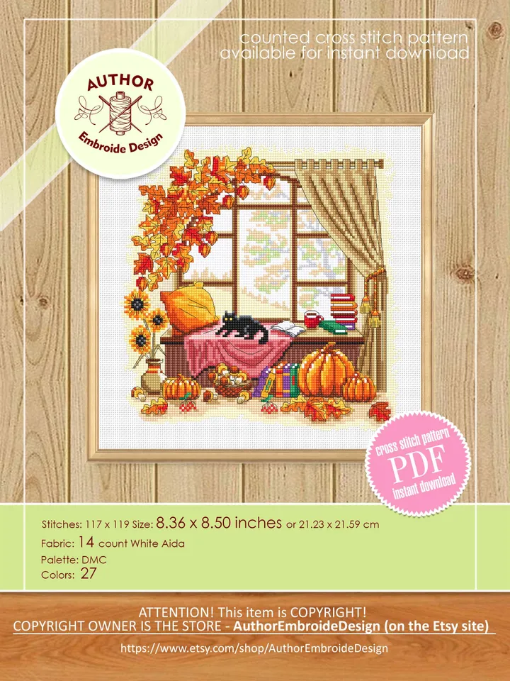 Autumn window cross stitch pattern PDF download Fall cross stitch chart, Autumn pattern digital PDF, Fall leaves embroidery, Home decor #L89