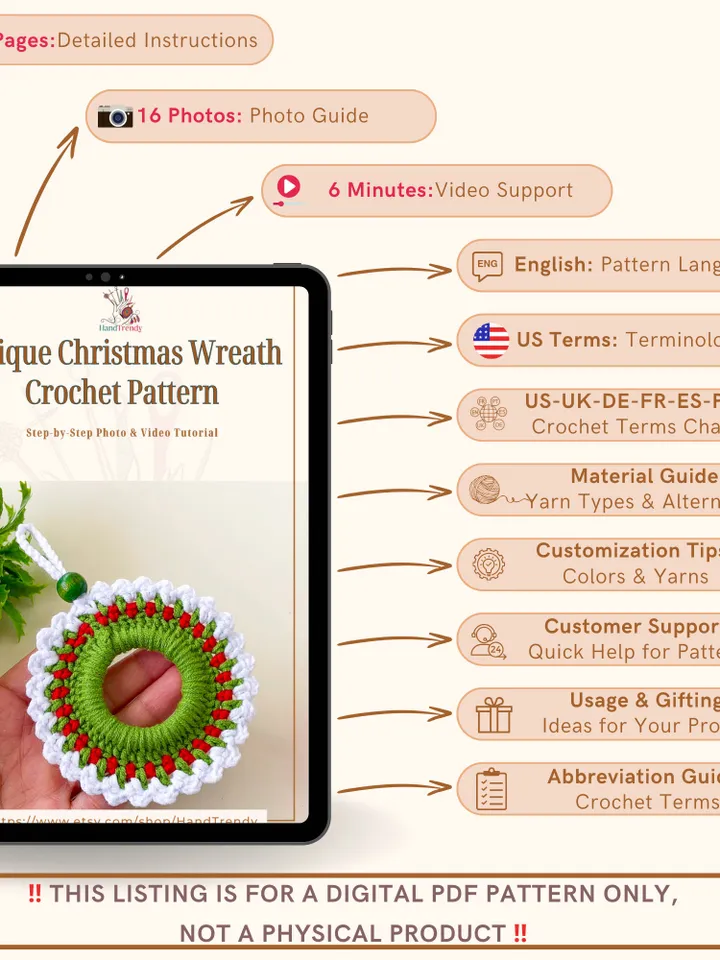 Unique Christmas Wreath Crochet Pattern, Easy Holiday Ornament PDF Tutorial, Beginner-Friendly Festive Decor, Instant Download