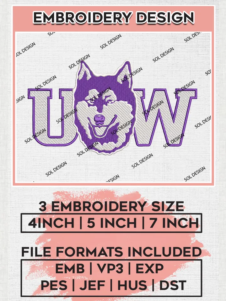 UW Huskies Football Team Logo Embroidery Design Files, NCAA Washington Huskies Machine Embroidery, NCAA Teams, 3 sizes, NCAA Machine embroidery designs, Digital Download
