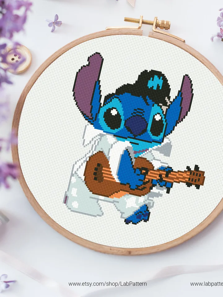 Stitch Elvis Presley, Lilo and Stitch cross stitch pattern, Love Hawaii, nursery decor, beginner, modern chart, DIY, embroidery, instant PDF