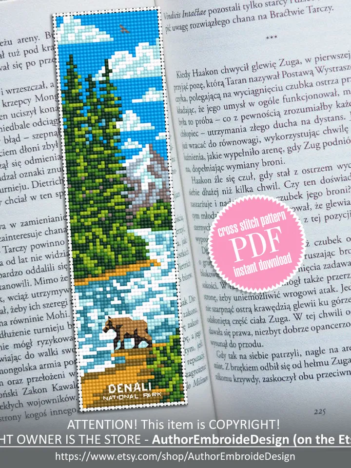 Denali National park bookmark cross stitch pattern PDF download Nature cross stitch chart, Mountain landscape Digital bookmark pattern #B179