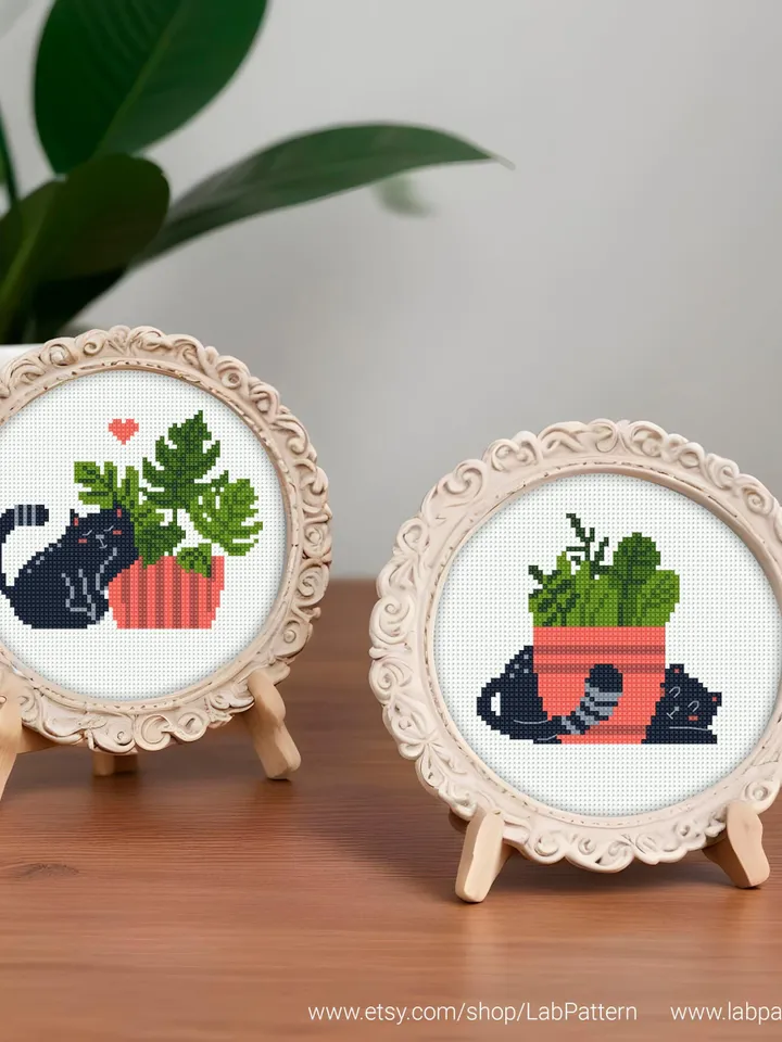 Mini cats with Plants set 3 Cross stitch patterns, contemporary, Floral, animals, beginner, modern chart, gift DIY, embroidery, Digital PDF