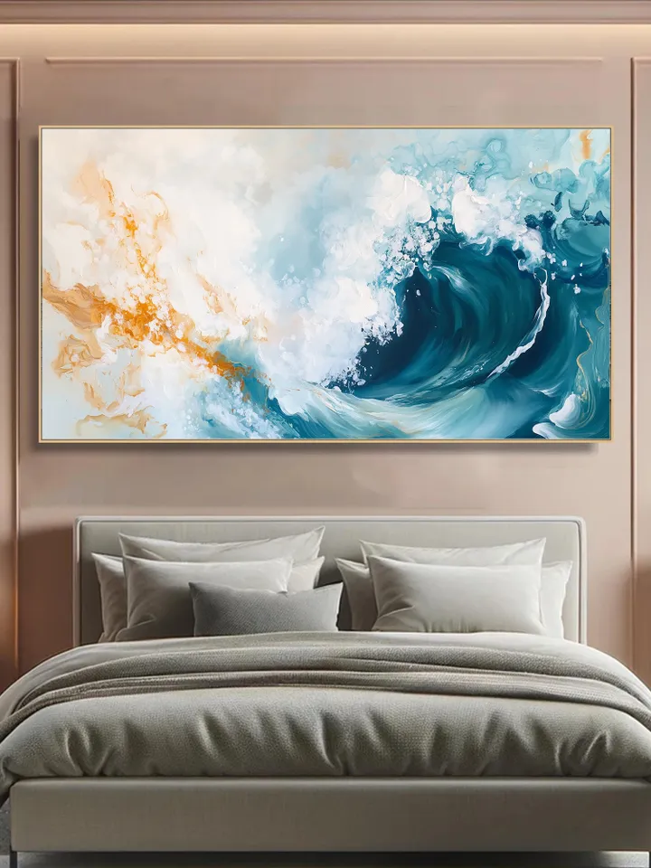 Ocean Wave Painting, Abstract Seascape Art, Blue and Gold Wall Art, Textured Wave Art, Large Canvas Artwork, Original Painting, Bedroom Art