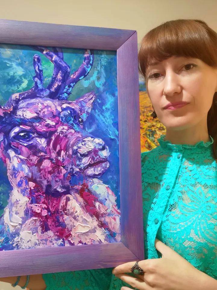 Deer North Aurora Borealis Reindeer Animals Original Art Oil Painting Artist Svinar Oksana