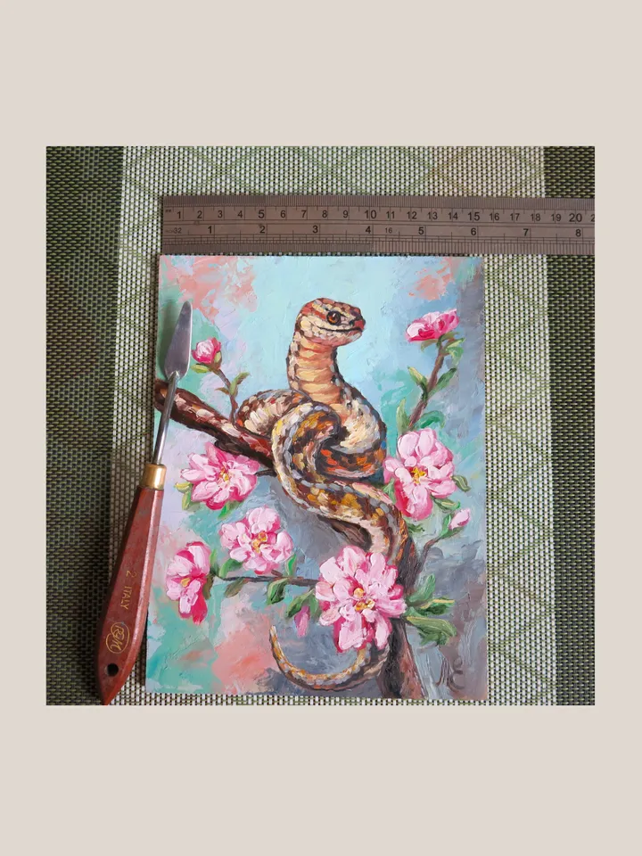 Original Oil Painting Snake on Branch with Flowers, Nature Art Mini Oil Nature Portrait Artwork