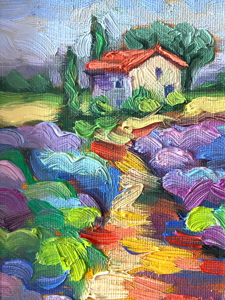 Lavender Fields Painting Tuscany Original Art Landscape Oil Painting Impasto Small Artwork 4x6 Tuscan Serenity Painting Wild Flowers