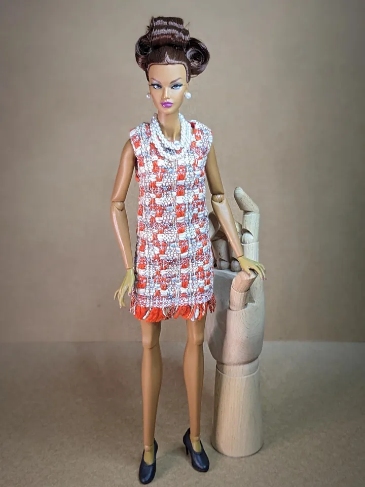 Handmade checked bouclé mini dress for 16-inch Fashion Royalty dolls (FR16)