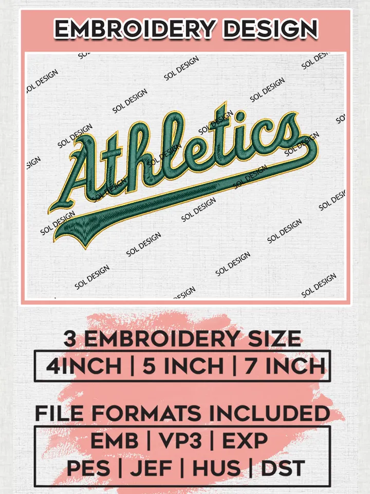 MLB Athletics Wordmark Logo Embroidery Design Files, MLB Oakland Athletics Team Embroidery, MLB Teams, 3 sizes, MLB Machine embroidery designs, Digital Download
