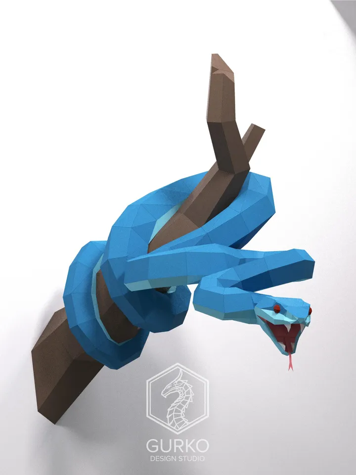 Keffiyeh Snake On A Branch Papercraft, Digital Template, PDF Download, Gurko, 3D Low Poly, Pepakura, DIY Origami Sculpture, Paper Decor