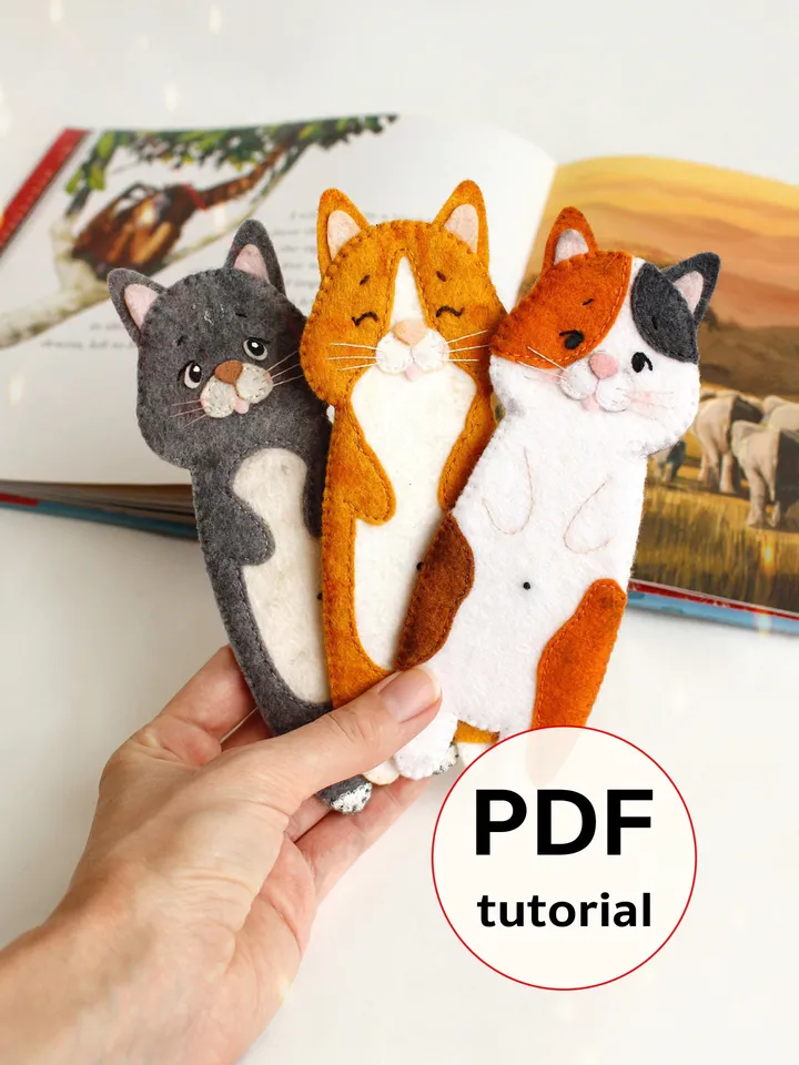 Felt long cats bookmarks hand sewing PDF tutorial with patterns. DIY cat bookmarks. Book and pets lover gift. Felt school supplies