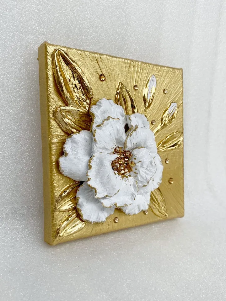 White and Gold Flower art Tea Rose Textured artwork Floral painting by Juliya JC