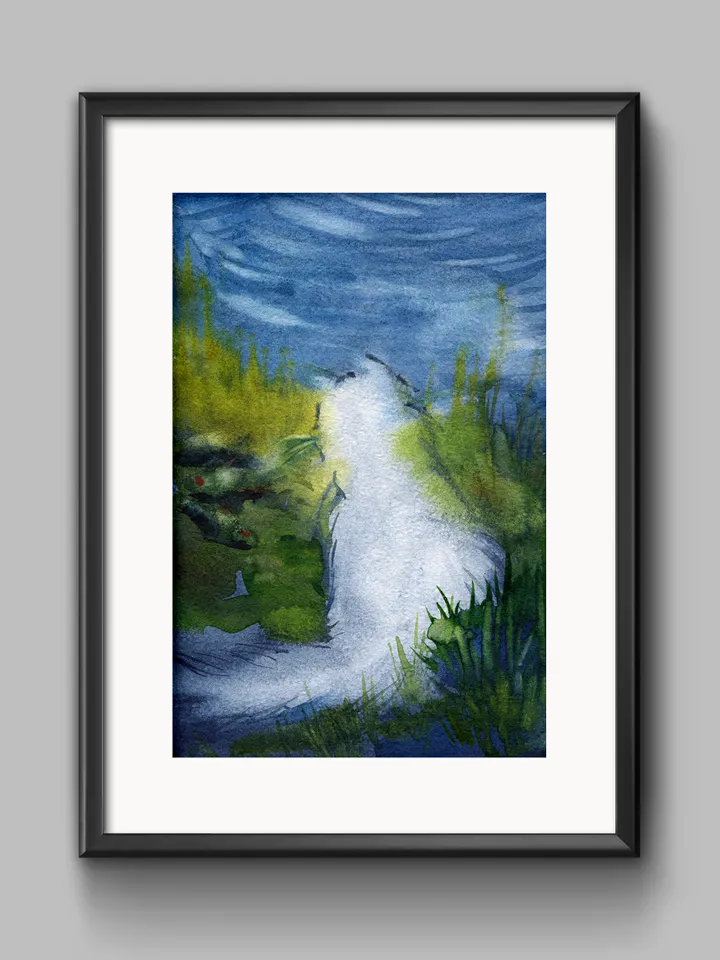 White cat by the pond, Watercolor digital file JPEG in 3 colors, Art print from the original painting