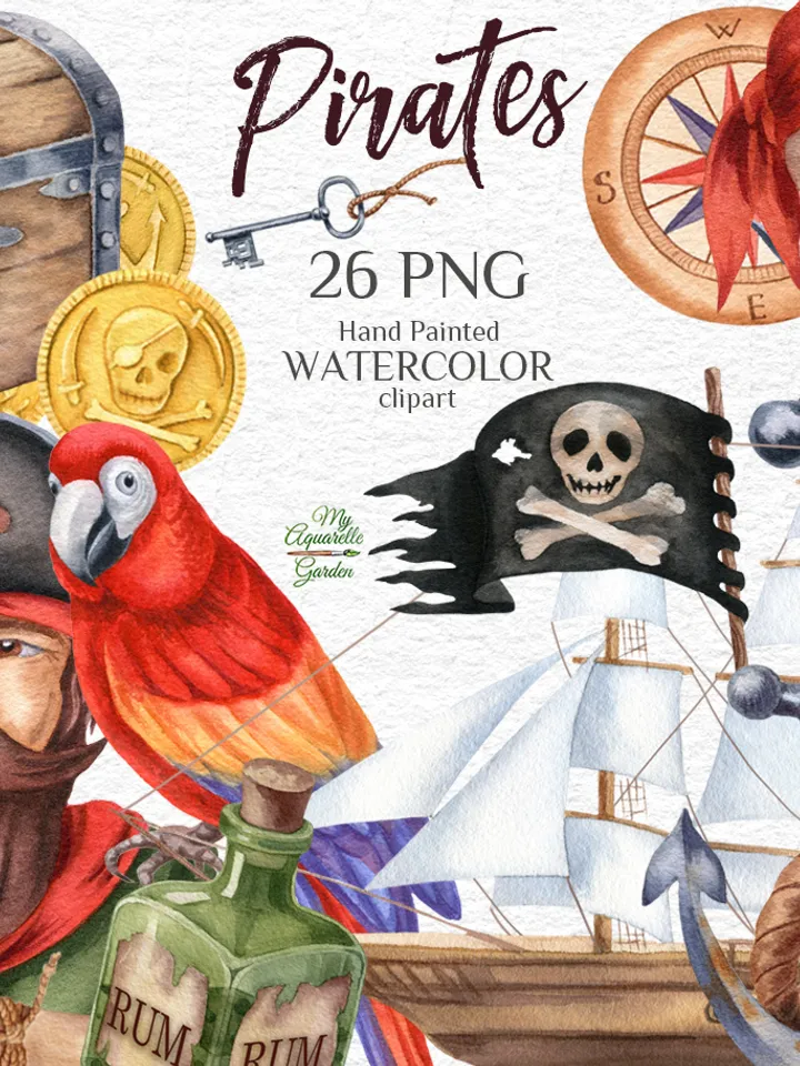 Pirates. Printable Birthday Party Decorations, Treasure Island, Adventure, Watercolor, Playroom, Kids room, Instant download