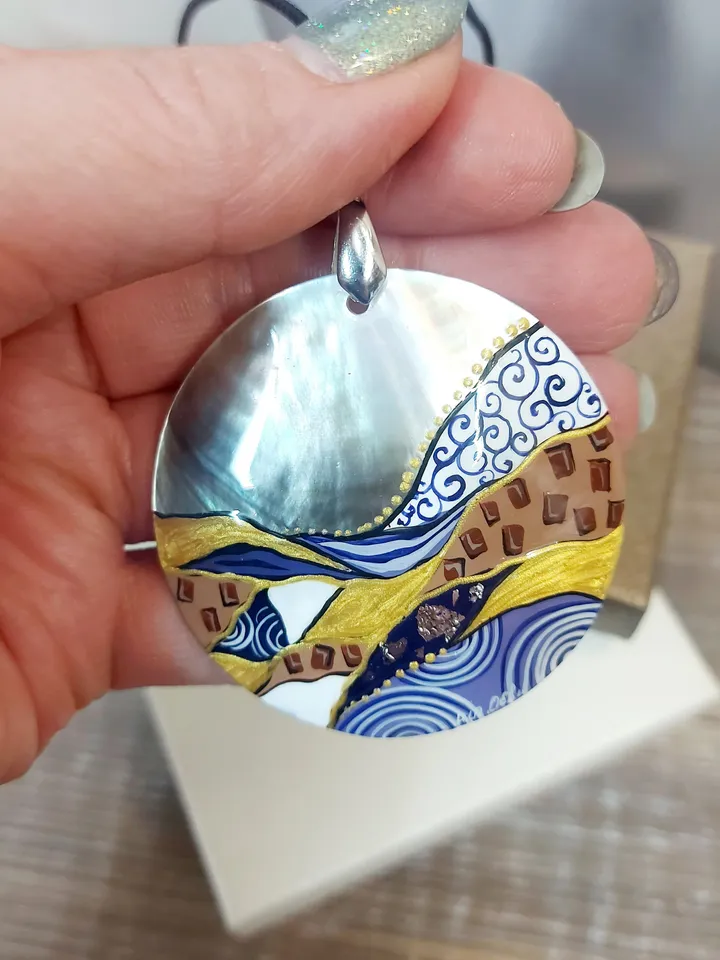 Beautiful Pendant Klimt Mother of Pearl Hand-painted Russian decoration Painting. Jewelry art Art gift Fedoskino Collectible
