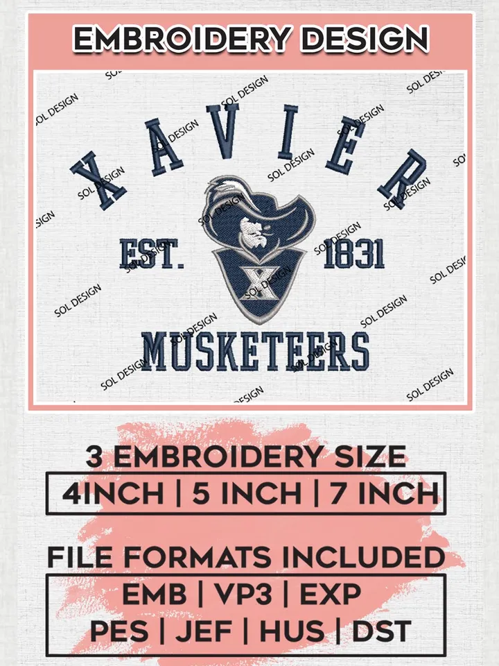 Xavier Musketeers Est 1831 Logo Embroidery Designs, NCAA Xavier Musketeers Team Embroidery, NCAA Team Logo, 3 sizes, Machine embroidery Files, Digital Download