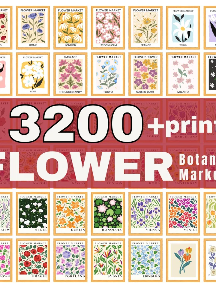 Flower Market Print Set of 3200 Flower Gallery Wall Set, Trendy Floral Posters Colorful Art Print Bundle, Botanical Art Set,Digital Download