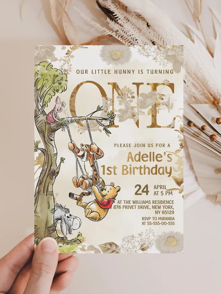 Winnie the Pooh Inspired First Birthday; Classic Winnie Pooh Invitations; Neutral Winnie Pooh Turning One; Winnie Pooh Birthday Party poom88