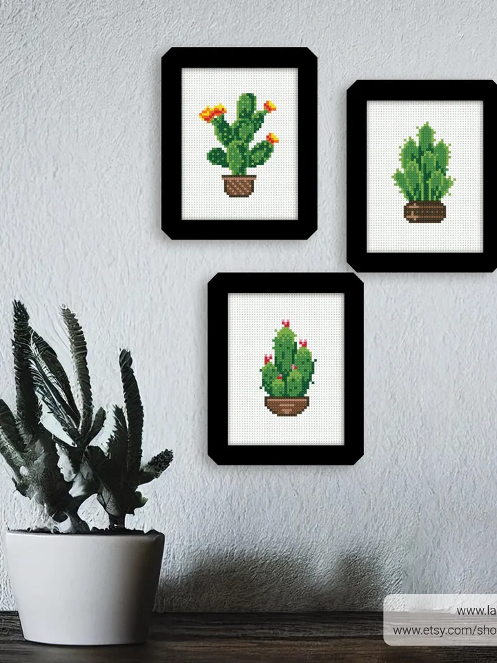 Bundle mini cactus 6 Cross stitch patterns, contemporary plant, Abstract, Floral, beginner, modern chart, gift DIY, embroidery, instant PDF