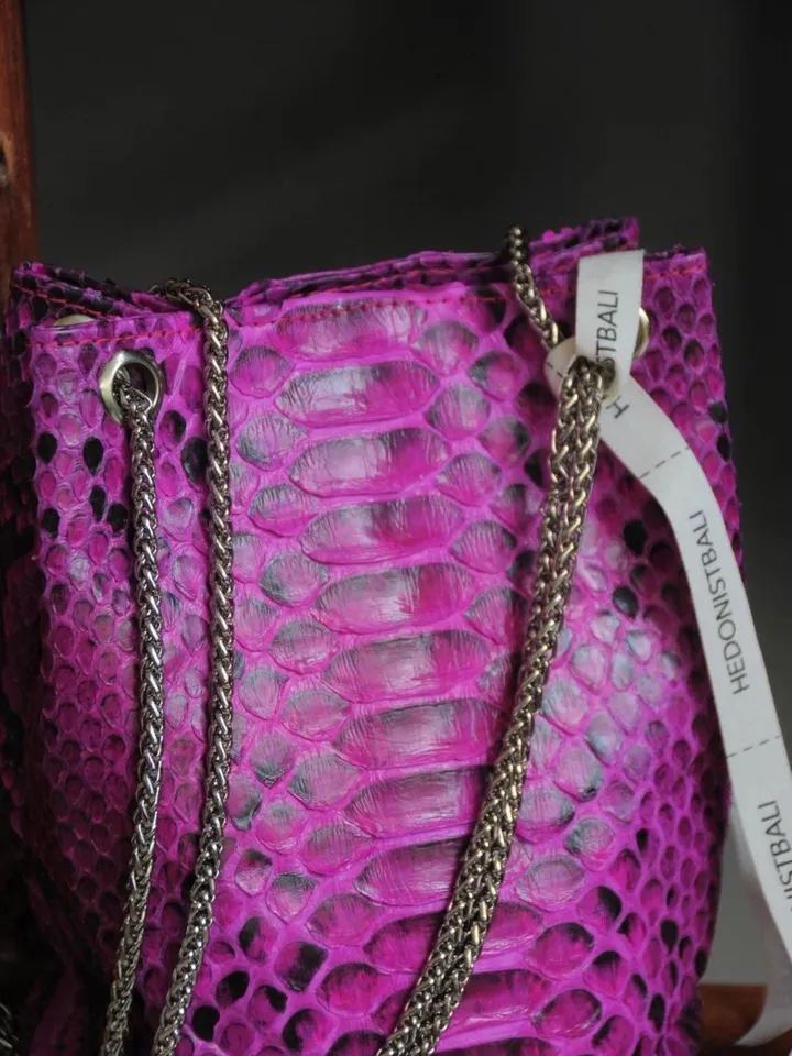 Genuine python skin bucket fuchsia chain bag / designer women purse / summer soft bag / exotic leather bags free shipping / gift for her