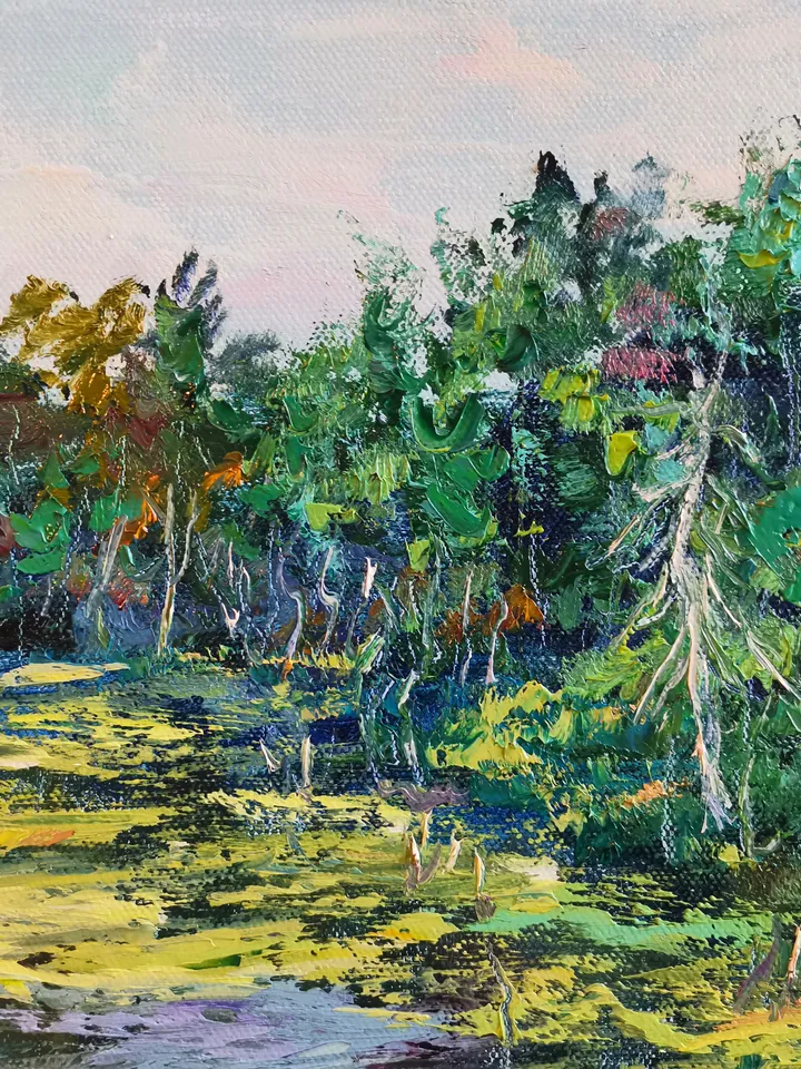 Pond Forest Flowers Oil Painting Landscape Impasto Original Artist Svinar Oksana