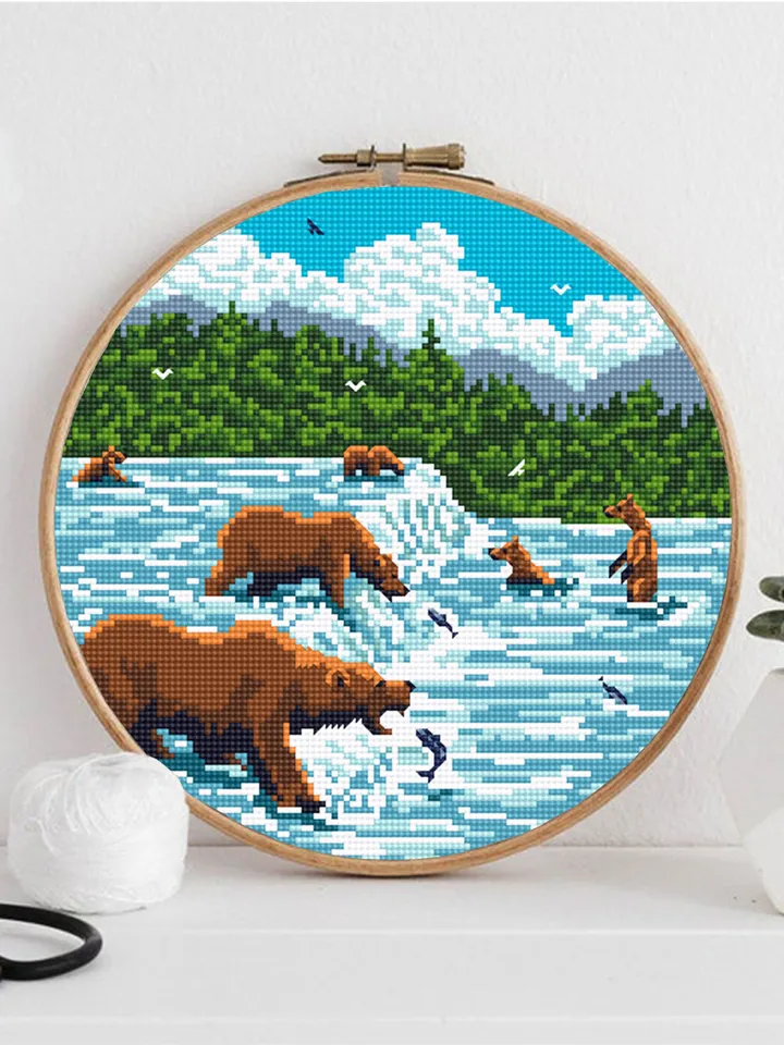 Katmai national park cross stitch pattern PDF download Bears catch fish, Nature cross stitch chart, Brooks falls in Alaska Bear fishing #L70