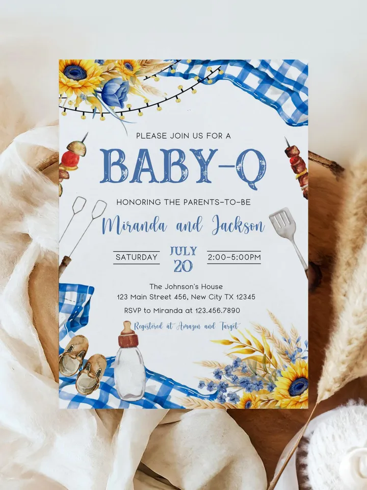 BBQ Baby Shower Invitation, Baby-q Baby Shower Invite, Boy Baby Shower, BBQ Party Baby Sprinkle Invitation, Editable Canva Template BBQ04