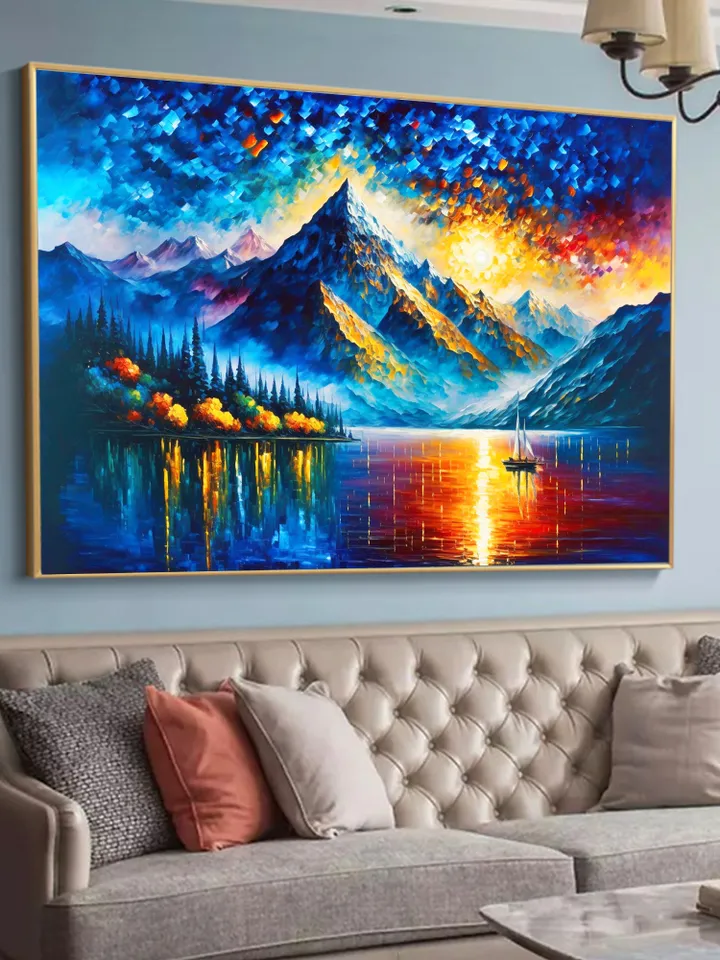 Large Original Mountain Scenery Oil Painting On Canvas, Abstract Lake View Painting, Colorful Landscape, Custom Painting, Bedroom Wall Art