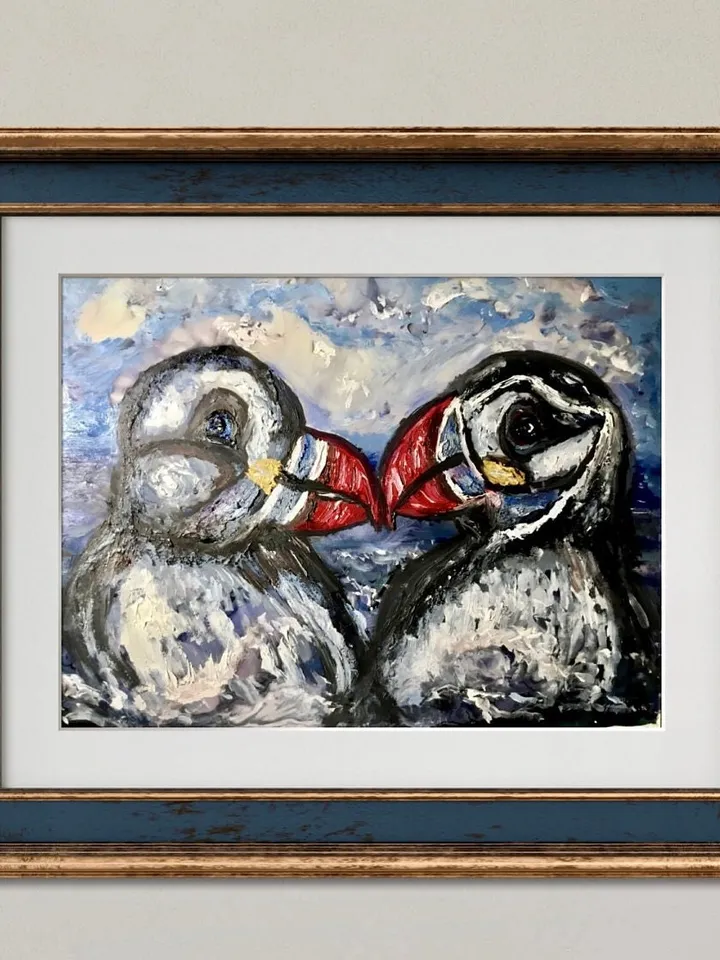 2 puffins original mix media oil painting on glass,stained glass panel,painting on glass,puffins in love,sea painting glass art,love gift.