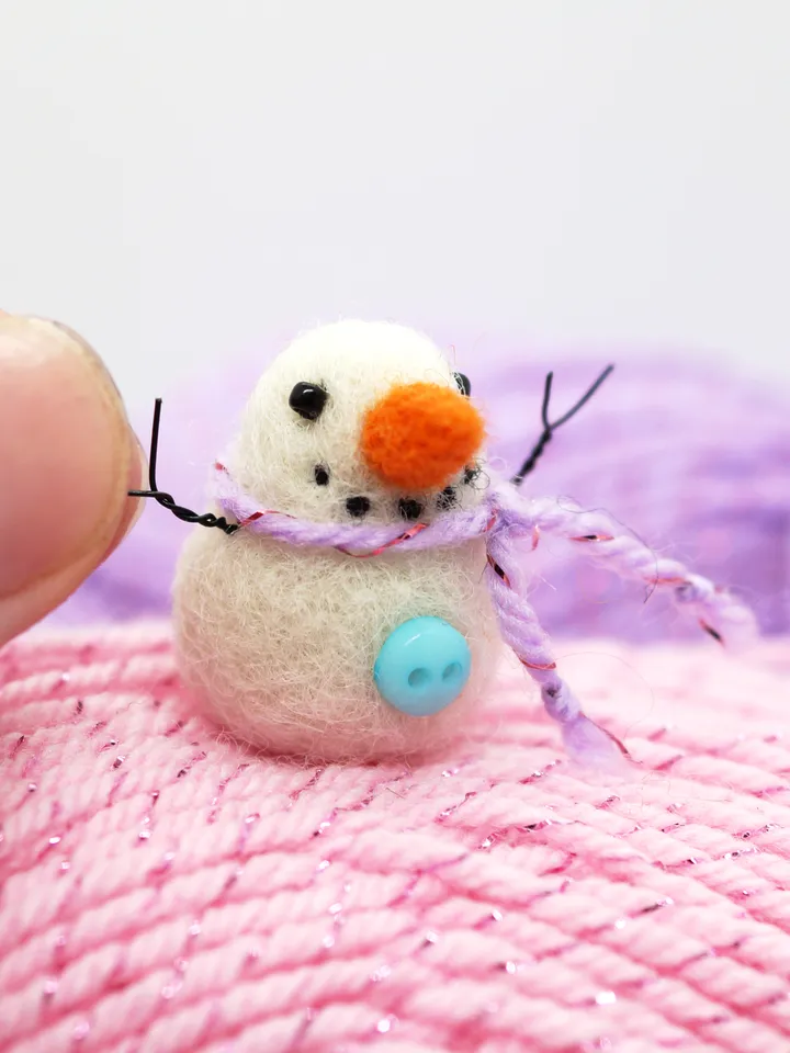 Tiny needle felted snowman, purple scarf
