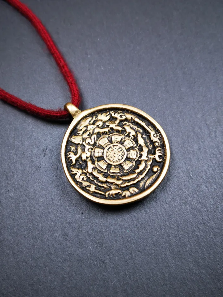 Gandhanra Vintage Tibetan Buddhist Calendar Badge,Melong Mirror, SIPAHO Amulet(srid pa ho),Jiugong Bagua,made of Copper,1.77"