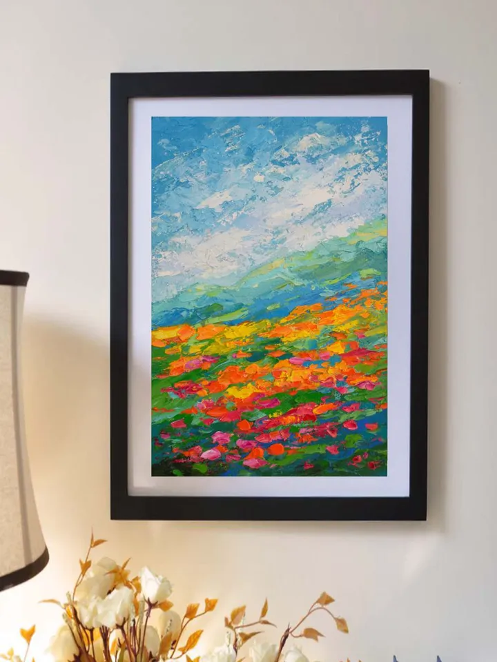 Poppy Painting Mountain Landscape Original Art 8 by 12 inch California poppies Art Wildflower Painting by Juliya JC
