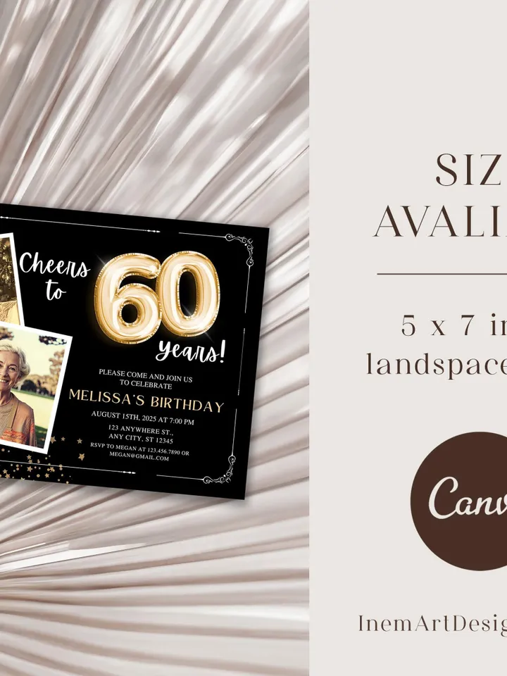 60th Birthday Invitation with Photo Adult Women Men Cheers to 60th Birthday Invite Black and Gold Party Card for Grandma Canva Template