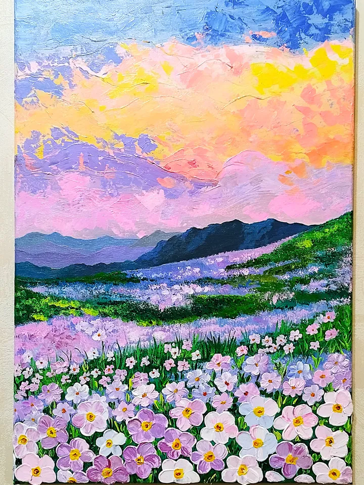 Sunset painting landscape art wildflowers wall decor