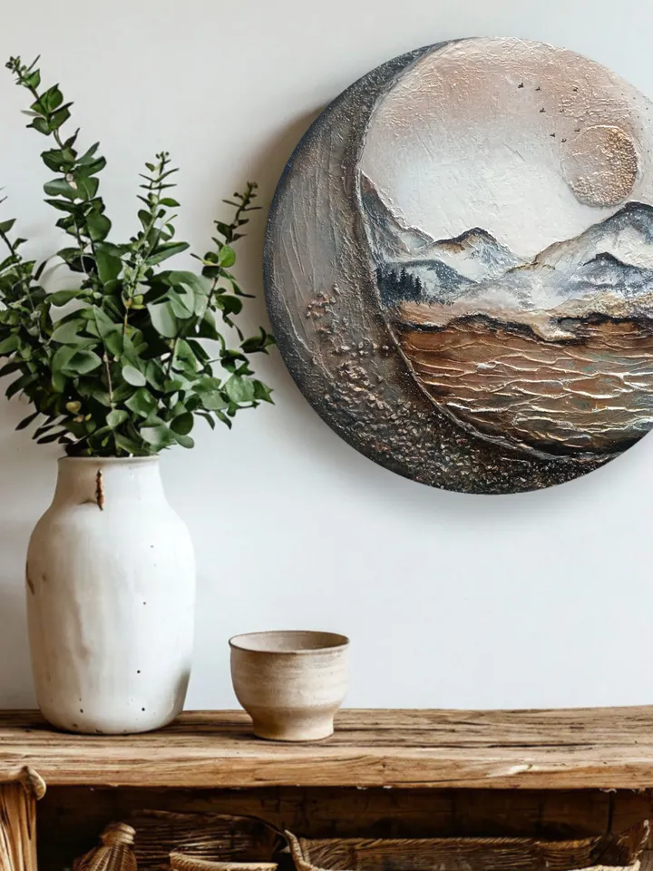 Painting, Wall decor, round painting, abstract landscape, sea mountains