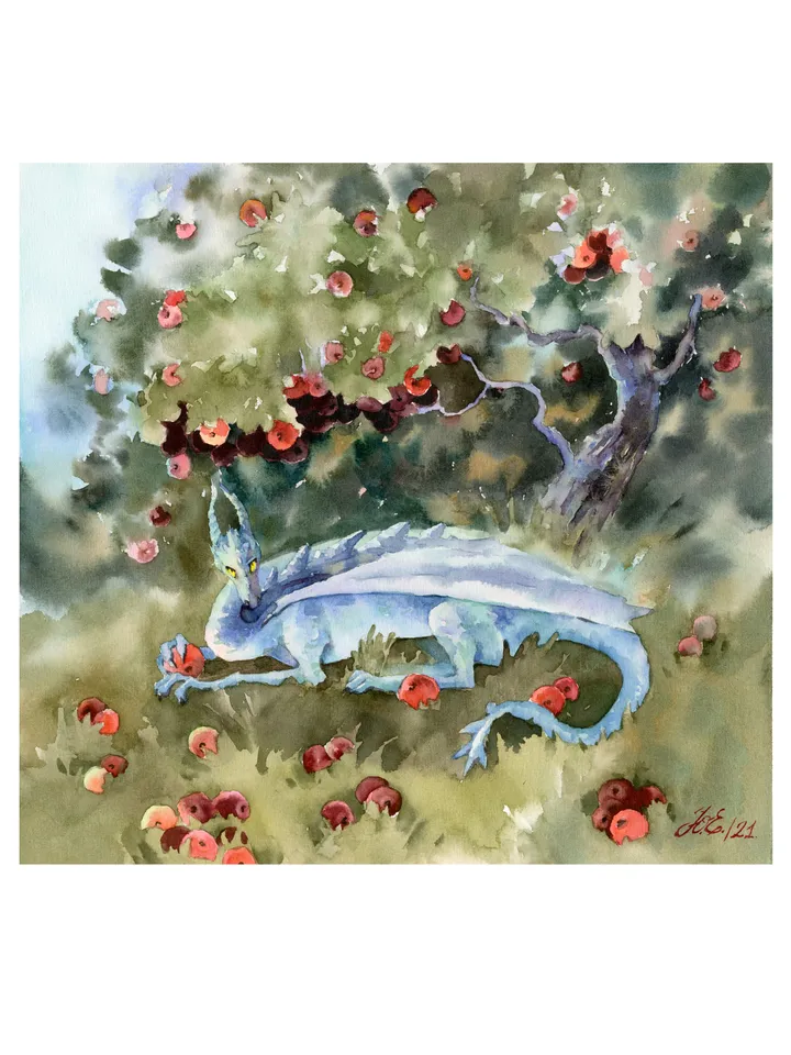 Blue dragon Original Fantasy art Watercolor painting by Yulia Evsyukova