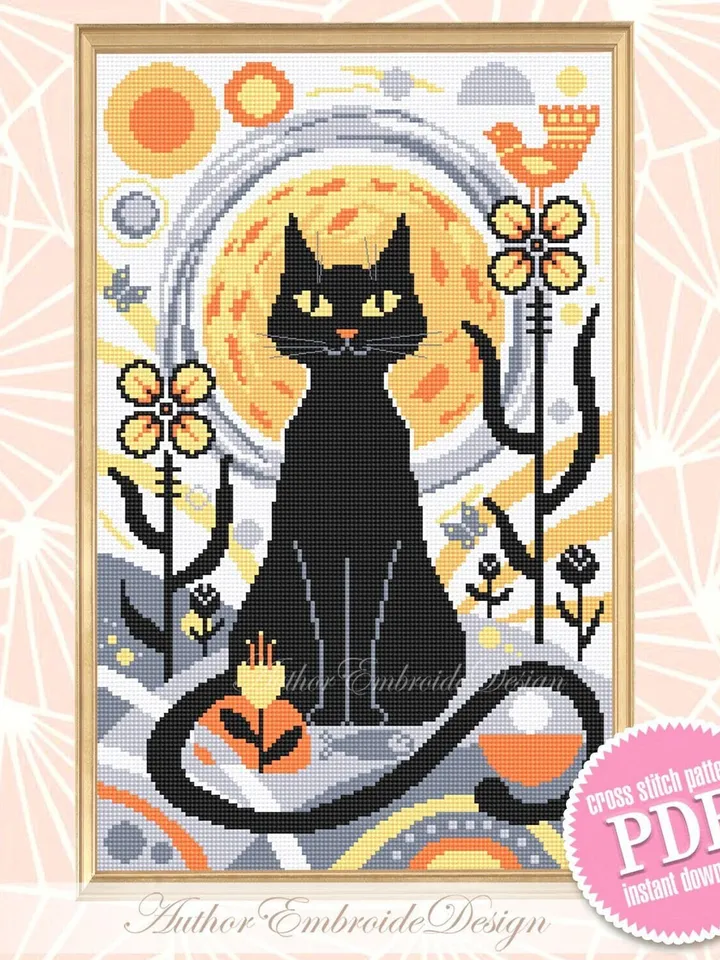 Boho cat cross stitch pattern PDF download Boho cross stitch chart, Abstract pattern digital PDF, Black cat embroidery, Boho wall decor #K23