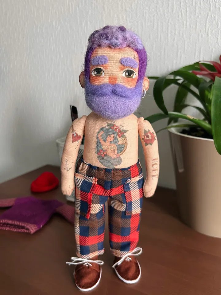 Textile doll sailor with purple beard