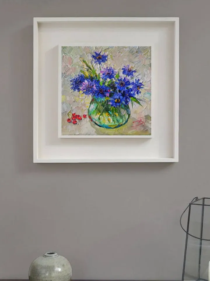 Flowers Bouquet Cornflowers Oil Painting on Canvas on a stretcher 8 by 8 inches Original Work Palette knife by Nata_Lena_Art