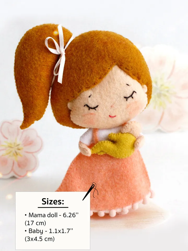 Felt mama doll with a baby hand sewing PDF tutorial with patterns. Soft toy pattern. DIY Mother's day gift. Handmade present for mom